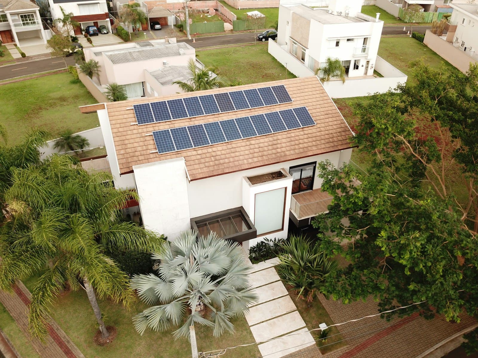 Modern house with solar panels on the roof